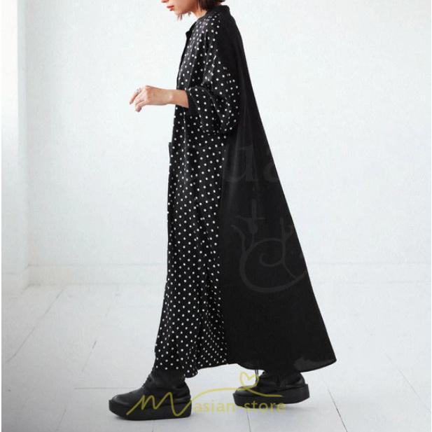マキシ | ドットワンピース ドッキングワンピース 切替 秋 レディース ロングワンピース 長袖 Aラインワンピース 大人 可愛い ゆったり 30代ワンピース スタンドカラー