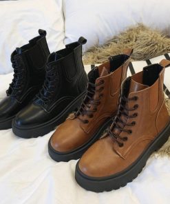 ショートブーツ | 春秋冬 靴 レースアップ 厚底 レディースブーツ ブラックブラウン ワークブーツ