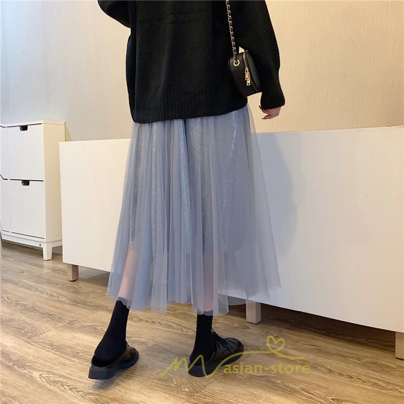 スカート | チュール秋冬 チュールフレアロングキラキラ ふんわり ウエストゴム レディース Aラインミモレ丈可愛 キレイめ ボトムス