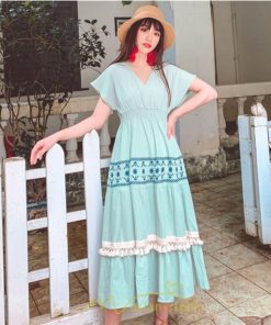 マキシ | ワンピース エスニック 綿麻 エスニックファッション 春ワンピ 夏ワンピ コットン リネン かわいい おしゃれ ハイウエスト バカンス 刺繍 Vネック リゾート 旅行
