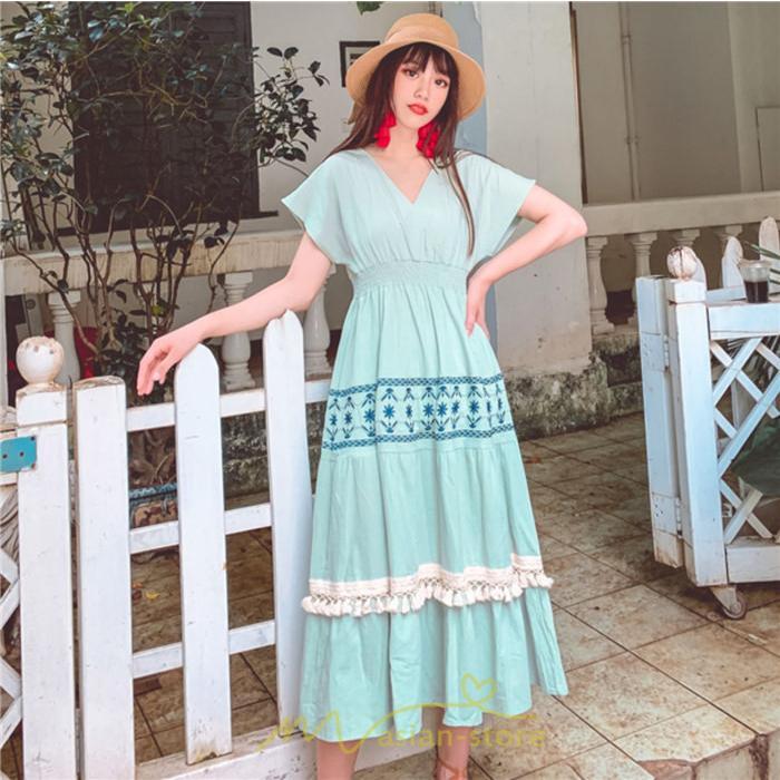 マキシ | ワンピース エスニック 綿麻 エスニックファッション 春ワンピ 夏ワンピ コットン リネン かわいい おしゃれ ハイウエスト バカンス 刺繍 Vネック リゾート 旅行
