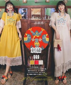 マキシ | ワンピース 七分袖 花と鳥 きれいめ ロング丈 レディース 夏 秋 レトロ 刺繍 レース Vネック エスニック風 リゾート　 イベント カジュアル お出かけ ボヘミアン