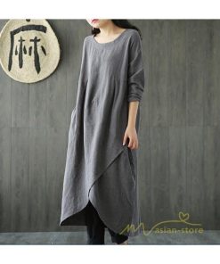 マキシ | 長袖ワンピース 綿麻 無地 Aライン 春物 カワイイ ミモレ丈ワンピース 春コーデ ワンピ 体型カバー ゆったり 20代30代 通学通勤 部屋着