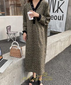 マキシ | レオパードワンピース 秋 レディース ヒョウ柄 Vネック ワンピース ロングワンピース 長袖ワンピース 大人 ゆったり 裾スリット 秋冬 30代40代50代 大きいサイズ