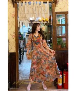 マキシ | ロングワンピース 五分袖 夏ワンピース 秋新作 Aラインワンピース マキシワンピース 刺繍 花柄 プリント 切り替え 旅行 30代40代 ワンピース ダンス 舞台 可愛い