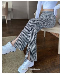 チノ・テーパード・ジョガー・スキニーパン | パンツ レディース フレアパンツ ロングパンツ 千鳥格柄 スリット カジュアル ハイウエスト ワイドパンツ トレンド おしゃれ 送料無料 楽ちん お出かけ かわいい