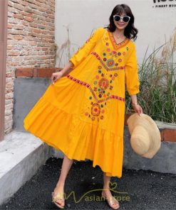 マキシ | ワンピ ワンピース ロング丈 七分袖 レディース 大人 おしゃれ きれいめ お出かけ 大人可愛い 白 青 赤 春夏秋 旅行 20代30代40代 民族風 オレンジ 海