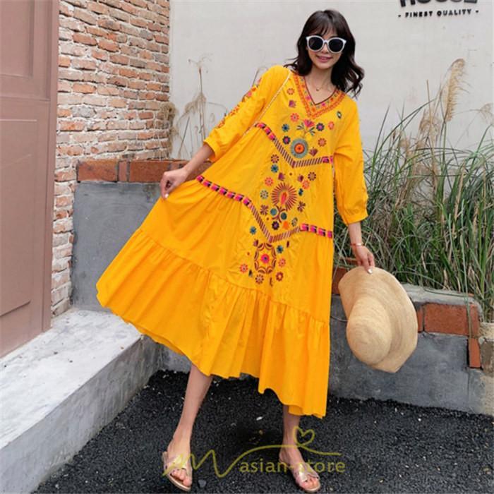 マキシ | ワンピ ワンピース ロング丈 七分袖 レディース 大人 おしゃれ きれいめ お出かけ 大人可愛い 白 青 赤 春夏秋 旅行 20代30代40代 民族風 オレンジ 海