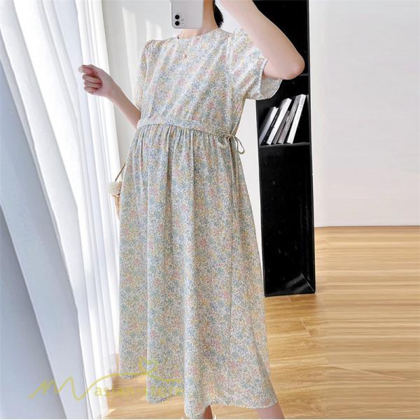 ワンピース | マタニティレディース Aライン 妊婦服 体型カバー 着痩せ マタニティウェア 小花柄 柔らか きれいめ お出かけ マタニティ 夏服 ひざ下丈