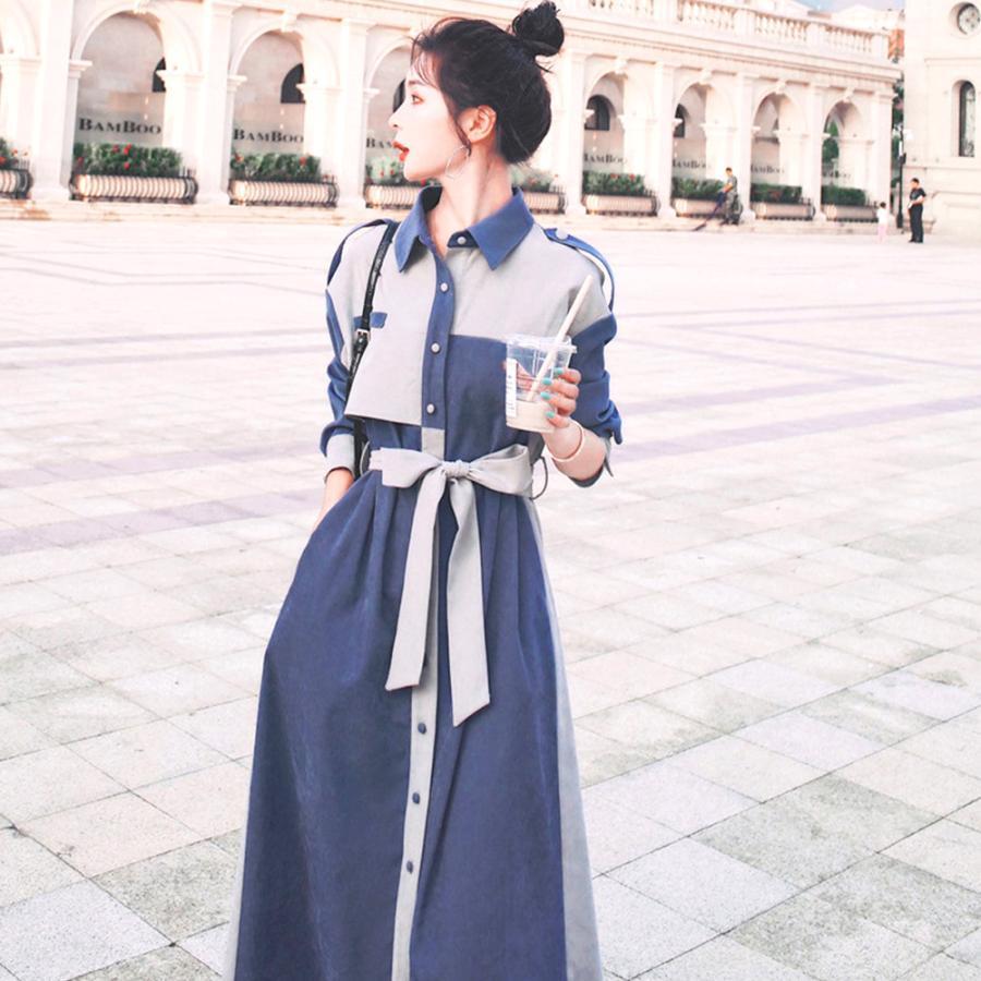 オールインワン | 長袖 ロング ウエストマーク ワンピース ミモレ丈 体型カバー ワンピース 着やせ 春秋 シャツワンピース おしゃれ レディース