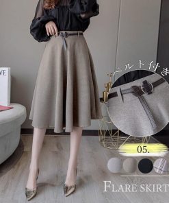 ひざ丈スカート | レディース 膝丈 ベルト付き フレアスカート スカート Aライン スカート ハイウエスト