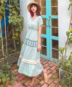 マキシ | ワンピース エスニック 綿麻 エスニックファッション 春ワンピ 夏ワンピ コットン リネン かわいい おしゃれ ハイウエスト バカンス 刺繍 Vネック リゾート 旅行