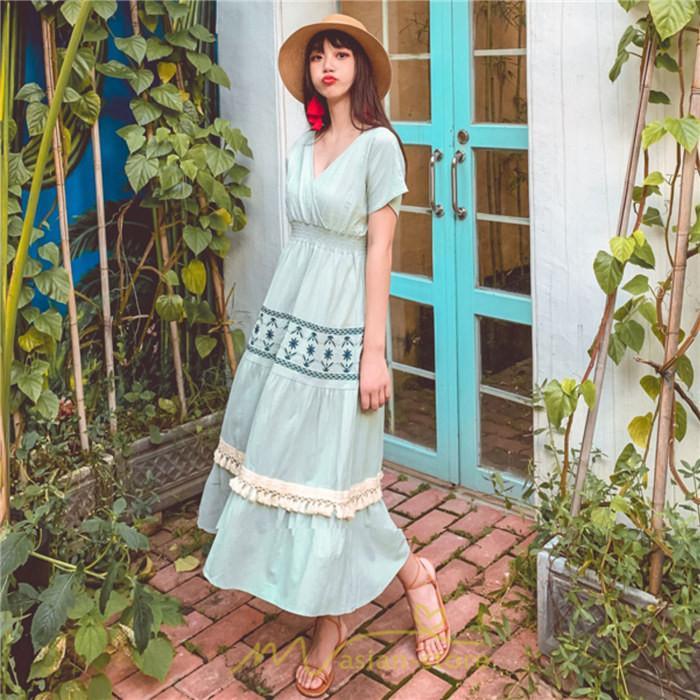 マキシ | ワンピース エスニック 綿麻 エスニックファッション 春ワンピ 夏ワンピ コットン リネン かわいい おしゃれ ハイウエスト バカンス 刺繍 Vネック リゾート 旅行