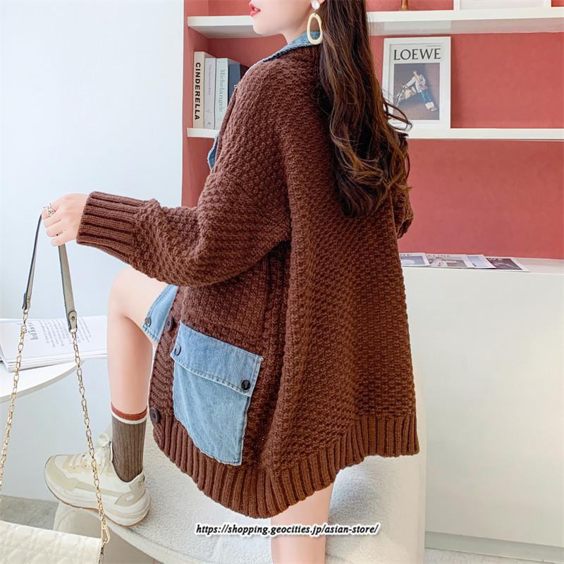 コート・ジャケット | ジャケット レディース 長袖 トップス ニット ニットカーディガン 切り替え デニム アウター 配色 デザイン おしゃれ 冬 カジュアル 2022 秋 カーディガン