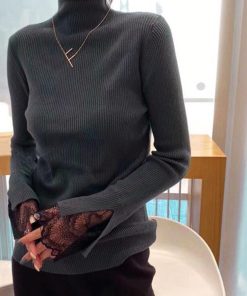 ニット・セーター | フェミニン 秋 スリムフィット 長袖 リブニットトップス レディース 袖レース 冬 細見 ニットセーター ハイネック ニットソー