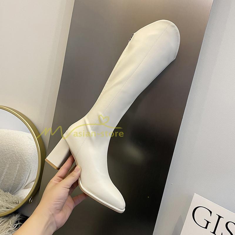 ロングブーツ | レディース ブーツ 秋冬 シューズ 靴 太ヒール チャンキーヒール 合皮ブーツ PUブーツ ロング靴 後ろファスナー COS くつ 大人 コスプレ