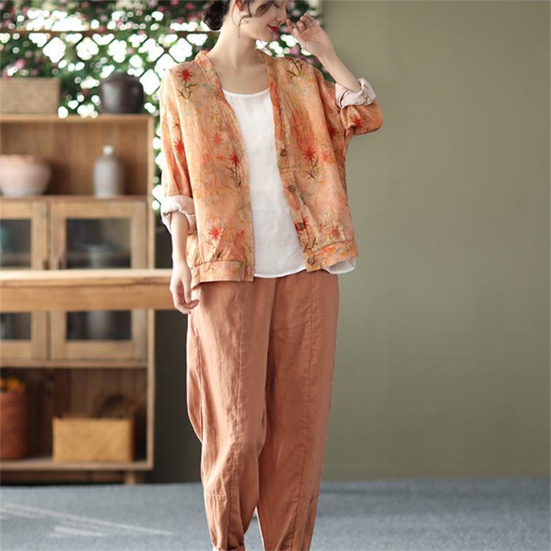 カーディガン | 麻混 レディース 花柄 初秋 リネン カジュアル Vネック 長袖 羽織 きれいめ 春 夏 秋 薄手 おしゃれ 40代50代 ゆったり 20代30代 大きいサイズ