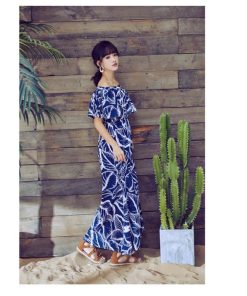 在庫ある | 短納期シフォンロングワンピース フレアビーチワンピ スリットセクシーワンピース ボヘミアワンピ ボートネック 半袖 海 エレガント 着痩せ Aライン フェミニン