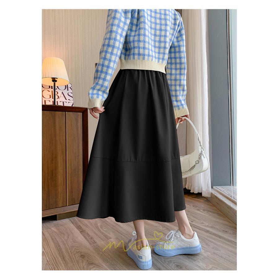 スカート | Pu秋冬 合皮ロングウエストゴム Aラインゆったり 体型カバー ハイウエスト 大人 無地 通学通勤 フレア 広い幅 可愛い