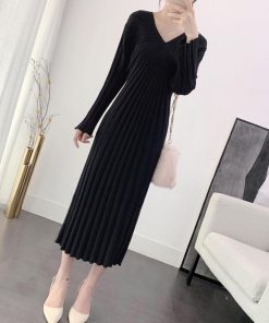 ワンピース | ニット秋冬 レディース ミモレワンピ きれいめ 膝丈下 Vネック フェミニン 長袖リブニット