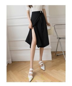 スカート | プリーツひざ下 きれいめ 上品 ハイウェスト スリット Aライン デート 黒 きれい 着痩せ 通勤 OL オシャレ ビジネス 春夏秋冬 脚長効果 オフィス