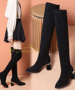 ロングブーツ | ニーハイブーツ スエード調 美脚 秋冬 ストレッチ チャンキーヒール 太ヒール レディース 走れる 黒 美脚 無地 ブーツ ハイヒール