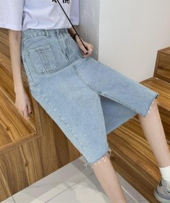 ひざ丈スカート | 膝下丈 デニムスカート レディース Aライン カジュアル ボトムス 裾フリンジ スリット