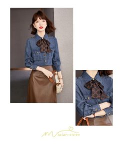 シャツ・ブラウス | デニムシャツ シャツ トップス レディース ブラウス デニム カジュアル リボン レトロ風 通勤 通学 オシャレ ナチュラル 上品 可愛い キレイめ 秋服 2022