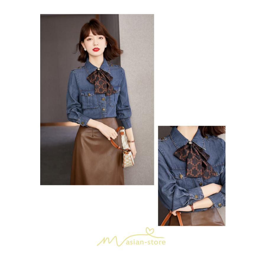シャツ・ブラウス | デニムシャツ シャツ トップス レディース ブラウス デニム カジュアル リボン レトロ風 通勤 通学 オシャレ ナチュラル 上品 可愛い キレイめ 秋服 2022