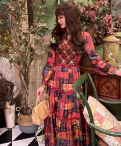 マキシ | ワンピース 七分袖 レディース 夏服  秋服 ロングワンピース マキシ丈 Vネック 民族風 エスニック風 体型カバー カジュアル お洒落 レトロ ハイウエスト