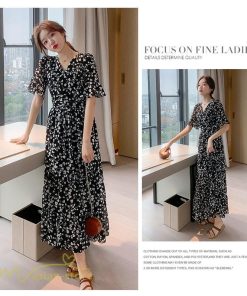 マキシ | ワンピース レディース マキシワンピース 小花柄 Vネック 半袖 5分袖 サマーワンピース シフォン Aラインワンピース 春 エレガント 夏 ウエストゴム ロング丈