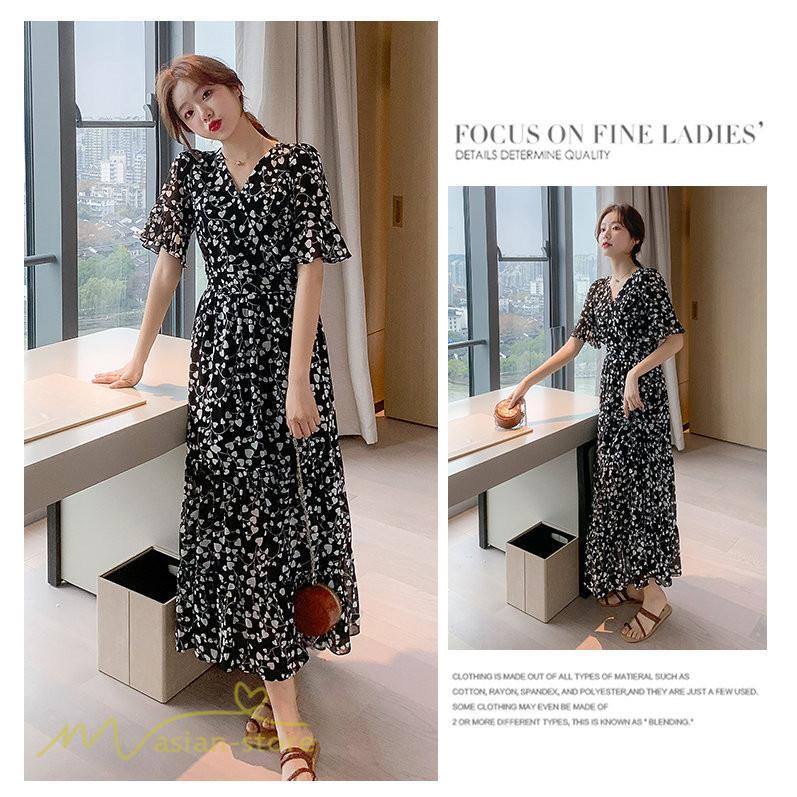 マキシ | ワンピース レディース マキシワンピース 小花柄 Vネック 半袖 5分袖 サマーワンピース シフォン Aラインワンピース 春 エレガント 夏 ウエストゴム ロング丈
