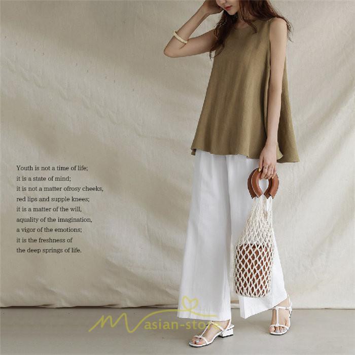 シャツ・ブラウス | ブラウス トップス ノースリーブ レディース tシャツ タンクトップ ベルト付き 広い裾 フレア裾 涼しい 涼感 体型カバー ゆったり 綿麻 夏 おしゃれ 大人 無地