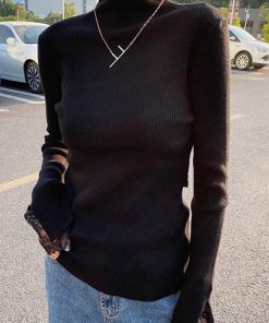 ニット・セーター | フェミニン 秋 スリムフィット 長袖 リブニットトップス レディース 袖レース 冬 細見 ニットセーター ハイネック ニットソー