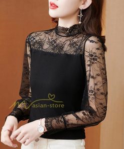 tシャツ・カットソー | カットソー レディース 長袖 春 シャツ 異素材 切り替え レース付き 透け感 20代30代40代50代 ハイネック インナー 着痩せ お出かけ カジュアル カシュクール