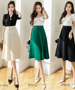 スカート | 無地 膝下 ひざ下 黒 緑 ベージュ ハイウエスト レディース Aライン 着痩せ 脚長効果 通勤 就活 日常 上品 OL エレガント オフィス ビジネス