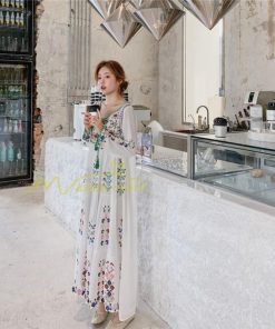 マキシ | ワンピース リゾートワンピ レディース ボヘミア風　休暇 長袖 無地 マキシ丈 復古風 上品 体型カバー  ブラック　パプール 花柄 Vネック 刺繍 ホワイト