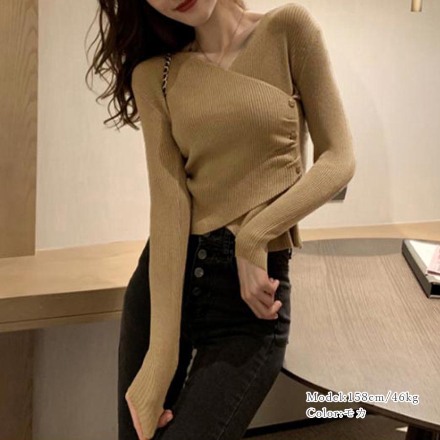 ニット・セーター | リブニット カットソー ニットトップ セーター きれいめ オフィス カシュクール風 レディース ボダン