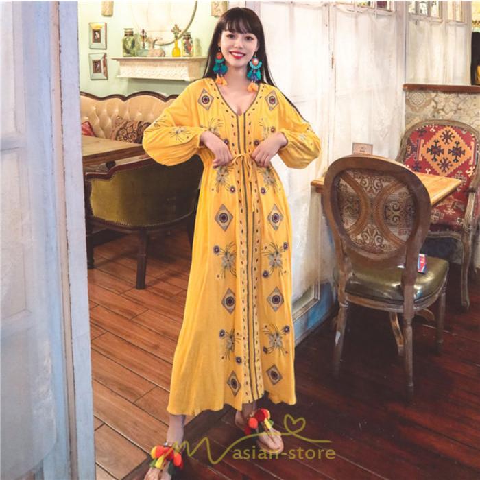 マキシ | ワンピース 長袖 レディース ロング丈 マキシ丈 綿麻 コットン リネン Aライン ゆったり 体型カバー 大人 可愛い 海外旅行 秋 夏 エスニック ナチュラル 春