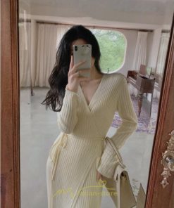 ニットワンピース | ワンピース 春 春服 レディース 長袖 ゆったり 秋 冬 vネック 着痩せ スリット 旅行 女子会 デート 20代30代40代50代 お出かけ