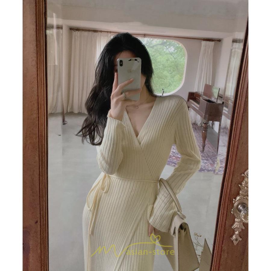 ニットワンピース | ワンピース 春 春服 レディース 長袖 ゆったり 秋 冬 vネック 着痩せ スリット 旅行 女子会 デート 20代30代40代50代 お出かけ