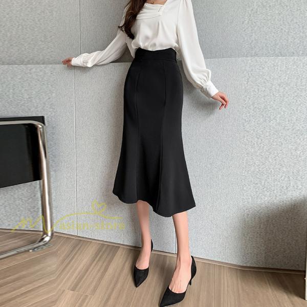 スカート | フィッシュテールレディース 無地 フレア きれいめ 仕事 カジュアル おしゃれ ひざ下丈 ビジネス 大きいサイズ 秋冬コーデ ファスナー OL