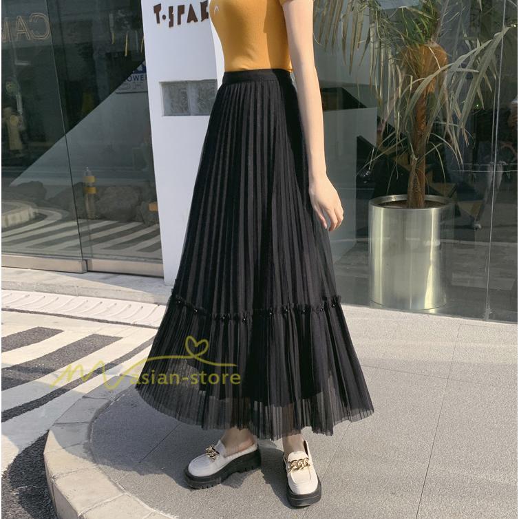 スカート | レディース チュール春夏 コーデ ウエストゴム ロングフレア着痩せ 通勤 マキシ カジュアル 20代30代40代50代 プリーツ