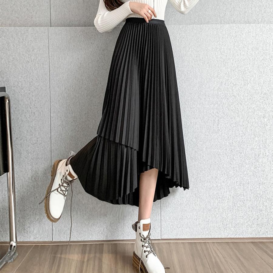 ロングスカート | 不規則裾 プリーツスカート ハイウエスト