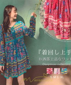 ミニ丈 | ワンピース レディース 春 夏 長袖 膝上 ショート 民族風 花柄 エスニック ボヘミアン 高品質 海外旅行 海デート 着痩せ Vネック レトロ リゾート カジュアル