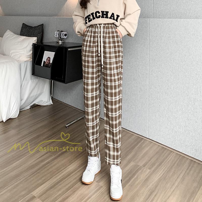 ワイドパンツ | レディース パンツ ゆったり 秋冬 コーデ カジュアル チェック柄 20代 30代 着痩せ 体型カバーロング丈 お出かけ ウエストゴム 50代 40代