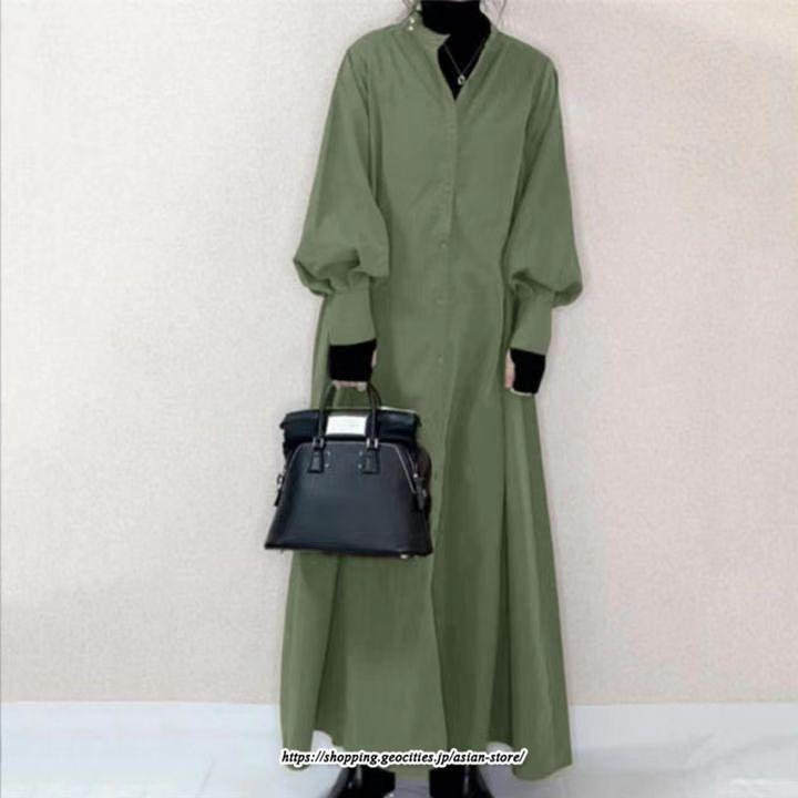 シャツワンピース | ロングパフスリーブ 長袖 フレア Aラインワンピース レディース 秋物 ワンピース 無地 羽織り ロングシャツ 無地 ゆったり