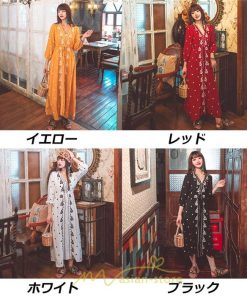 マキシ | ワンピース 七分袖 春夏秋 ロング丈 コットン 大人可愛い  ゆったり 柔らかい シンプル カジュアル ナチュラル 旅行 Aライン エスニック 着痩せ 刺繍 リゾート