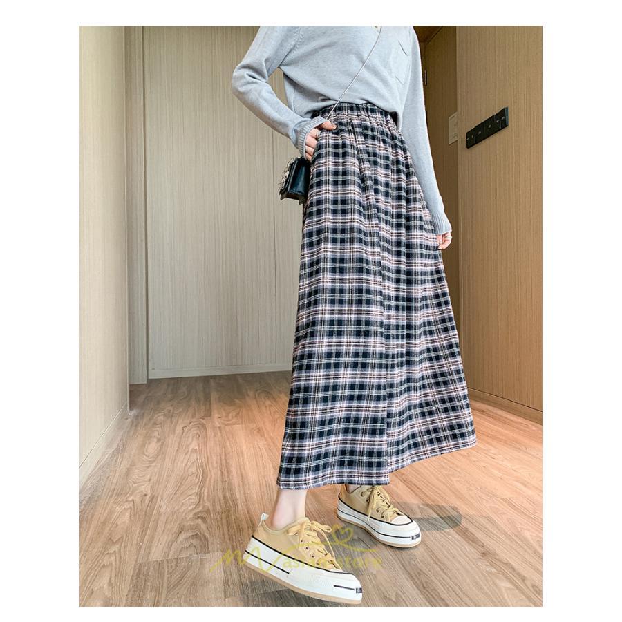 スカート | チェックロングウエストゴム チェック柄 大人 ハイウエスト Aライン30代40代50代 通学通勤 可愛い スカート ゆったり