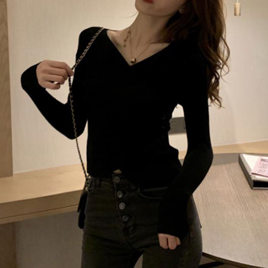 ニット・セーター | リブニット カットソー ニットトップ セーター きれいめ オフィス カシュクール風 レディース ボダン